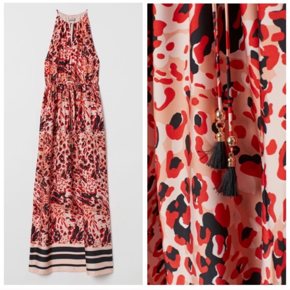NWT H&M Red/Patterned Long Satin Dress - 10 - Picture 2 of 7
